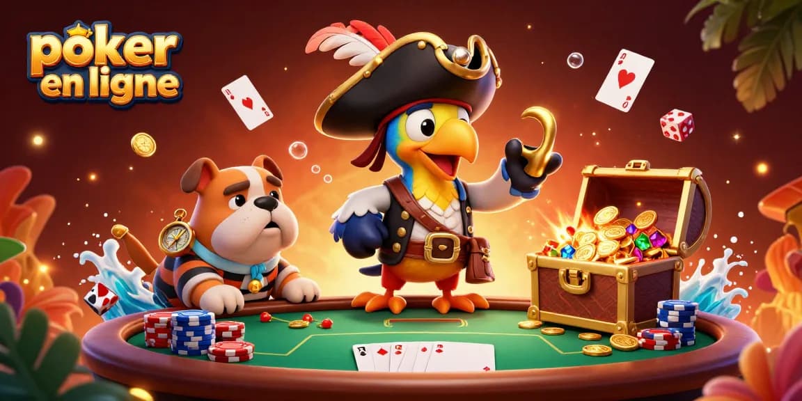 Joue au poker en ligne avec des personnages colorés autour d'une table animée, remplie de jetons et de cartes.