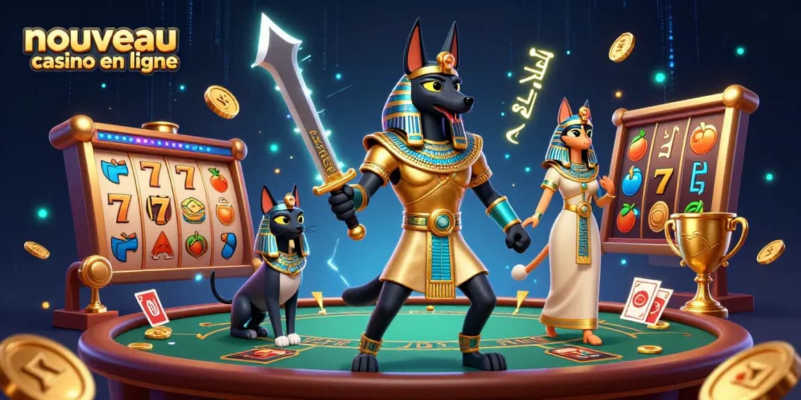 Profitez du nouveau casino en ligne avec Anubis et Bastet, entourés de machines à sous et de jetons.
