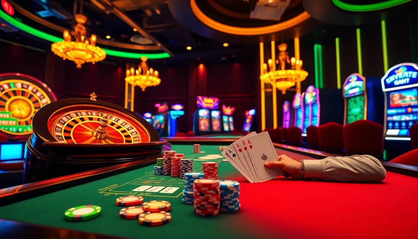 Experience excitement on ev88.claims with vibrant casino elements like roulette wheels and poker chips.