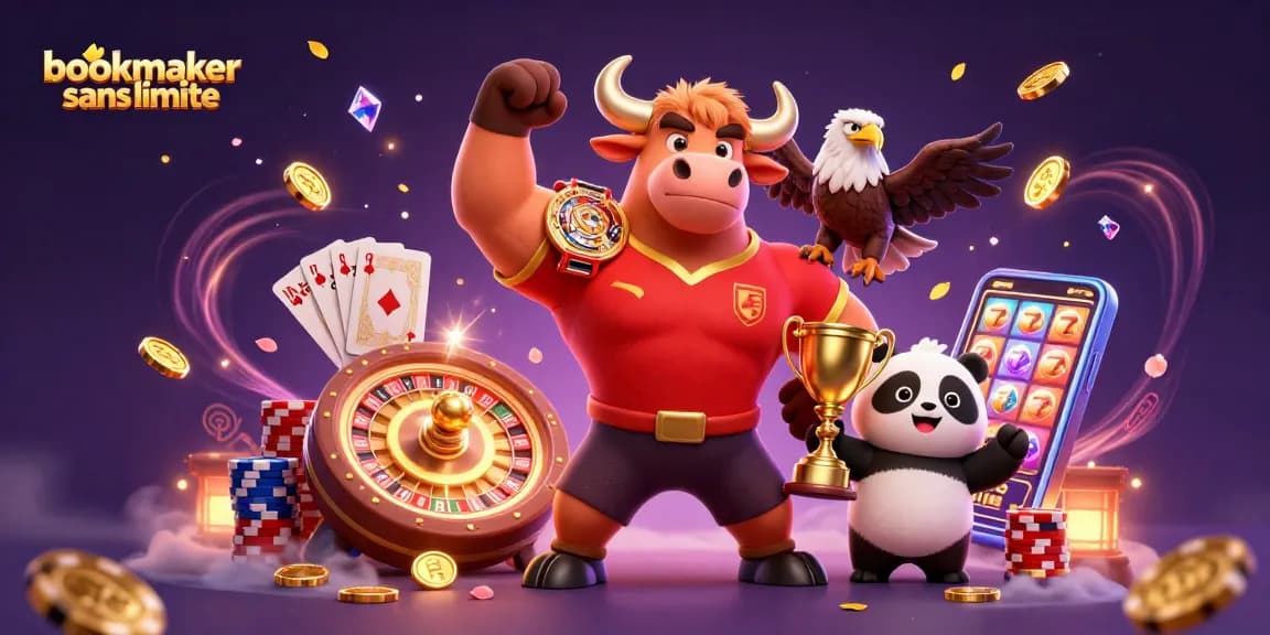 Découvrez bookmaker sans limite avec un taureau musclé, un aigle et un panda lors d'une victoire festive.