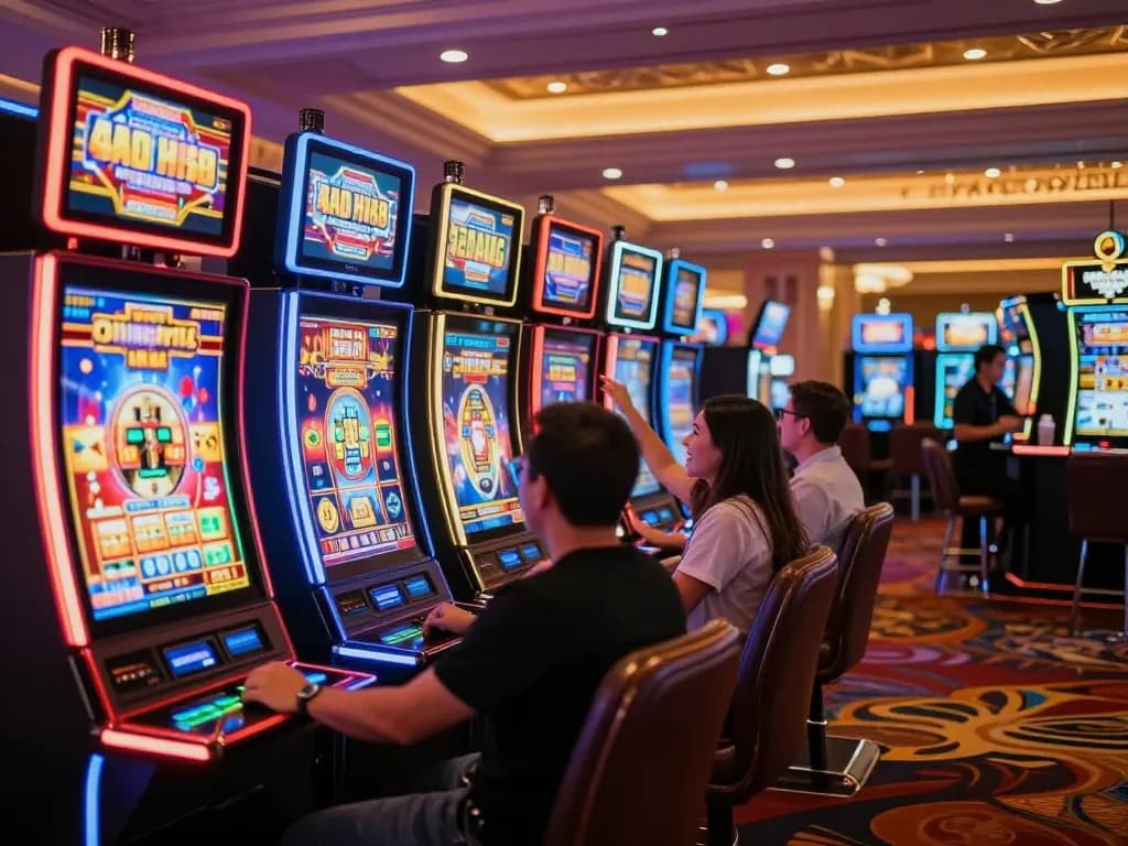 Players enjoying the thrill of situs slot games in a vibrant Las Vegas casino setting with colorful machines.