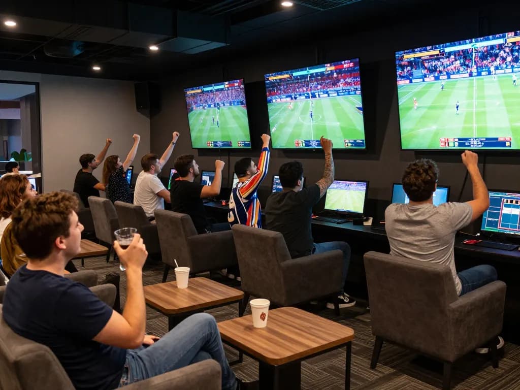 Patrons engaging in thrilling sports betting at qh88go's lively lounge, enjoying real-time action and camaraderie.
