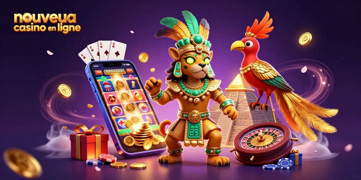Gagnez avec le nouveau casino en ligne, entouré d'une illustration 3D captivante de personnages et d'éléments de jeu.
