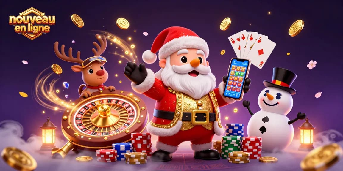 Jouez au nouveau casino en ligne avec le Père Noël et ses compagnons dans une illustration 3D colorée.