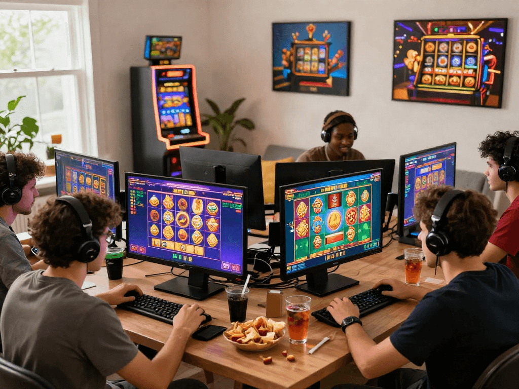 Engaging scene of players enjoying the slot bonus new member 100 in a cozy virtual gaming setting, showcasing vibrant graphics and festive atmosphere.