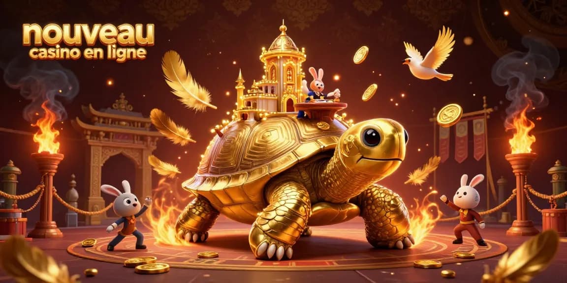 Plongez dans le nouveau casino en ligne avec une illustration fascinante d'un casino sur une tortue dorée.