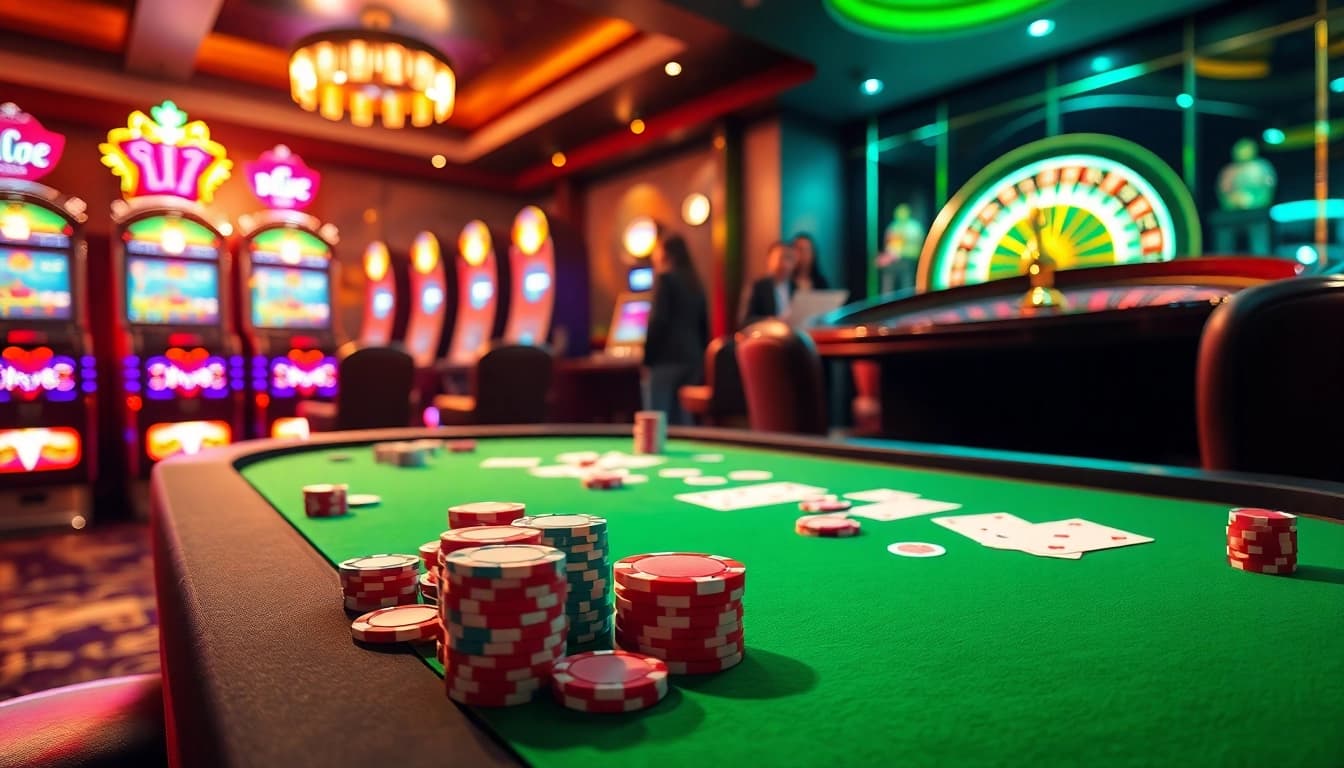 Découvrez l'excitation du casino en ligne avec des jetons de poker vibrants et une roulette tournante.