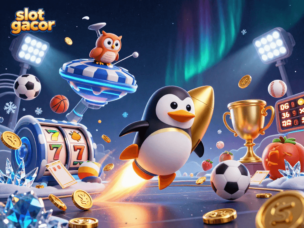 Experience slot gacor with a dynamic scene of a golden penguin, jackpot elements, and vibrant sports symbols.