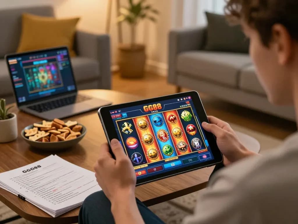Engaging online session using GG88 slot Link on a tablet in a cozy home setting