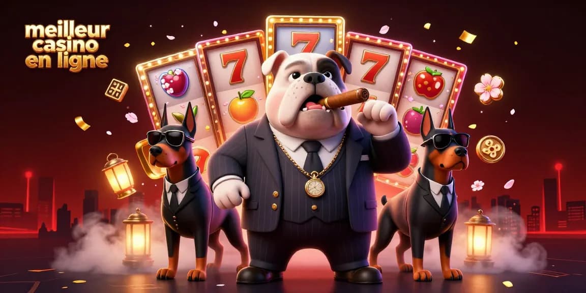 Illustration dynamique de meilleur casino en ligne avec un bulldog en costume et des éléments de machine à sous.