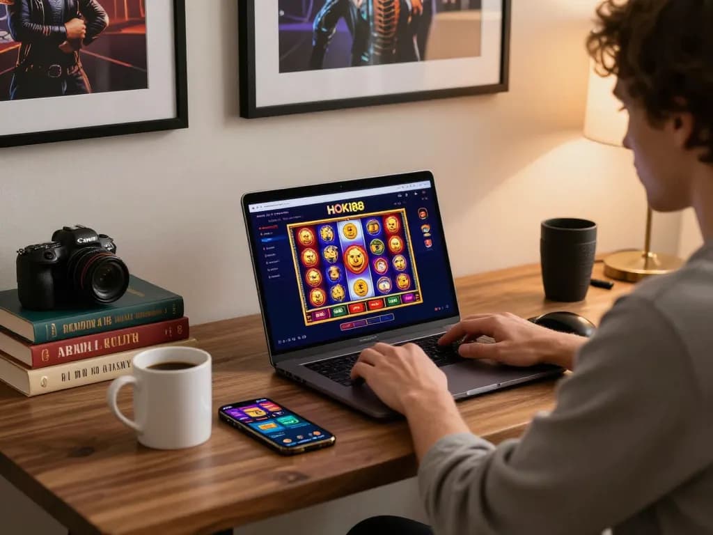 Terlibat dalam judi online di HOKI88 dengan permainan slot yang penuh warna ditampilkan di laptop.