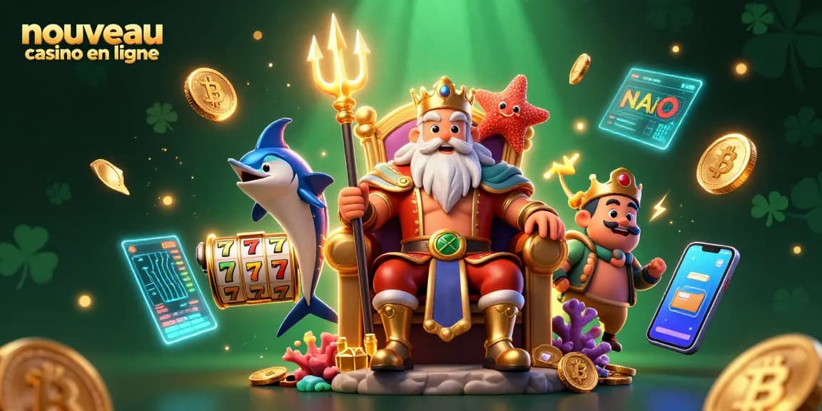 Visualisez un nouveau casino en ligne avec le roi Neptune entouré de jackpots, de crypto-monnaies et des symboles de la chance.