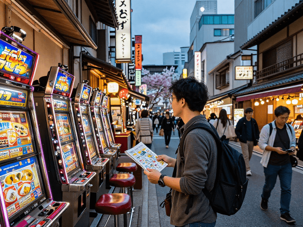 Traveler enjoying slot jepang culture in vibrant Japanese cityscape with neon lights.