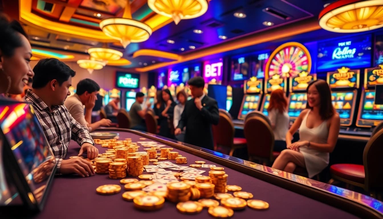 Play slot bet kecil at a vibrant casino featuring colorful slot machines and excited players.