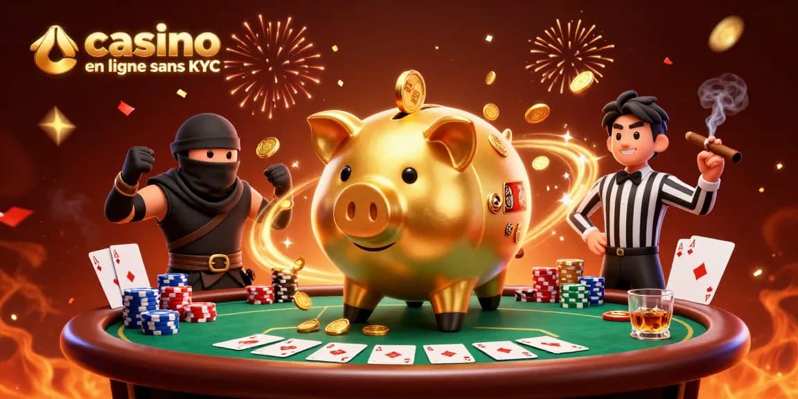 Illustration dynamique de casino en ligne sans KYC montrant un sumo et un ninja du jeu.