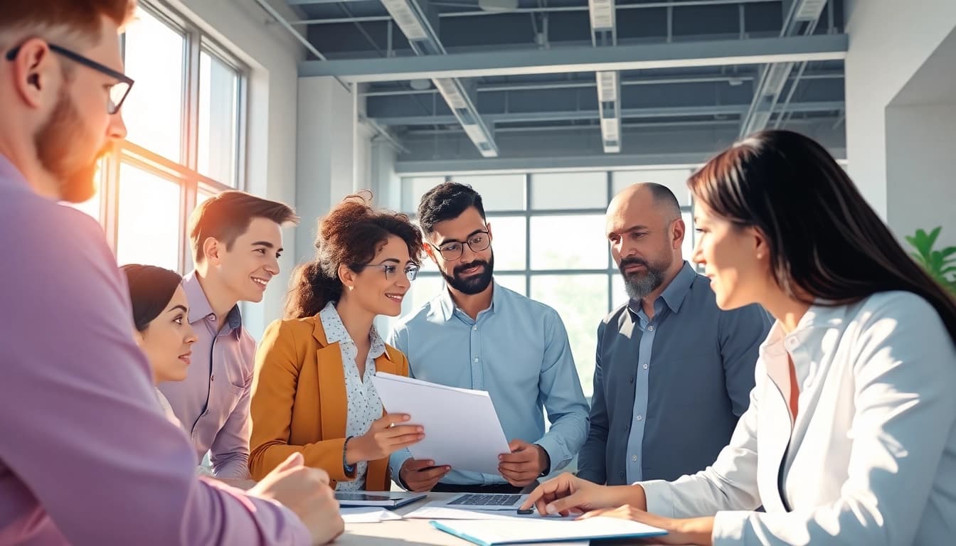 Enhancing the frictionless warranty experience through collaborative teamwork in a bright office.