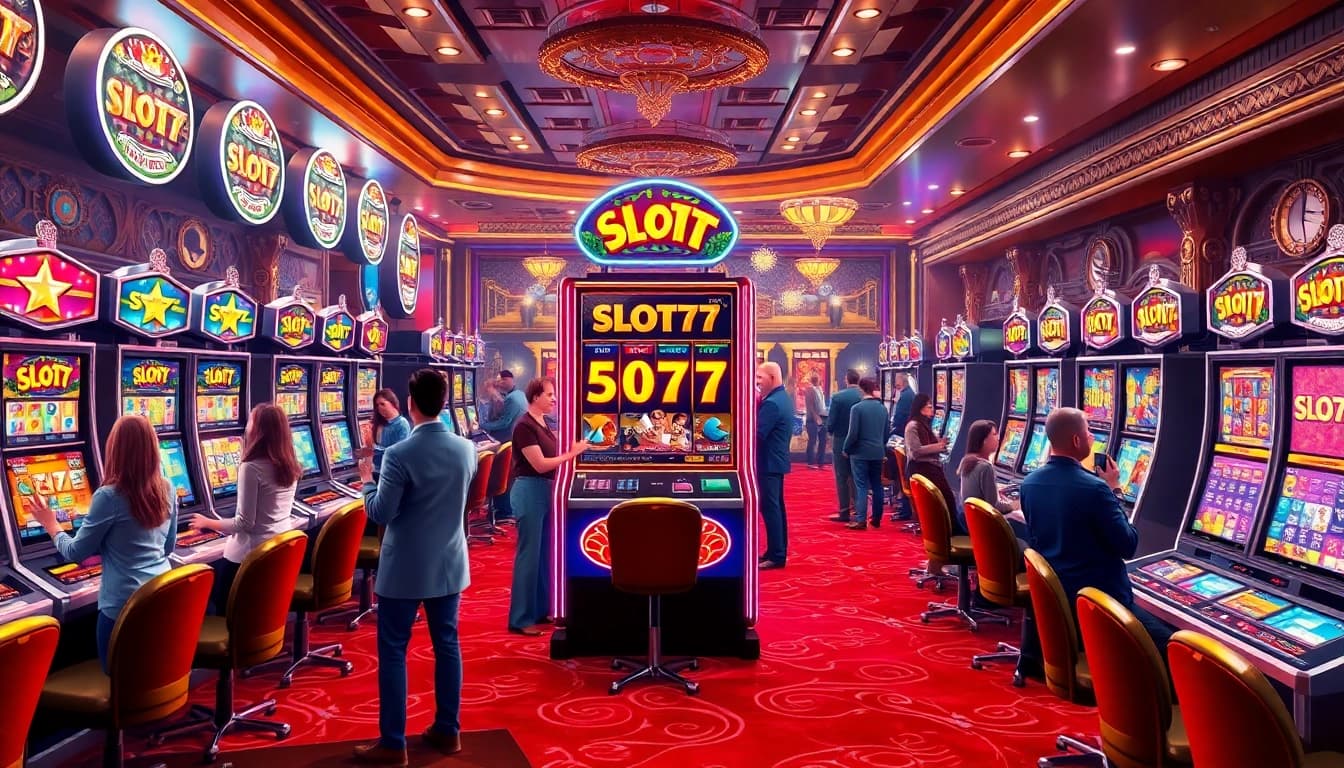 Permainan Slot77 yang menarik di kasino dengan pencahayaan cerah dan pemain antusias.