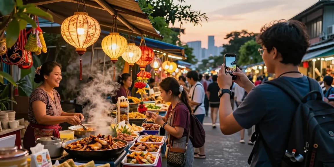 Traveler at Asian street market capturing vibrant culture on https://hanadultalk.com, surrounded by colorful stalls and local vendors.