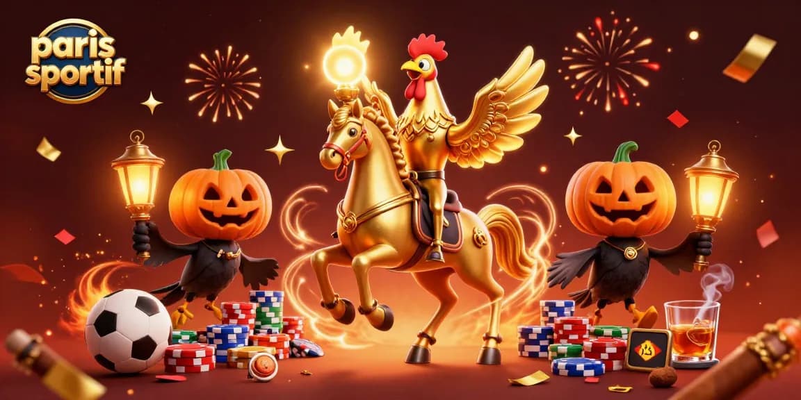 Paris sportif met en scène un coq doré et des éléments de jeu dans un casino animé.