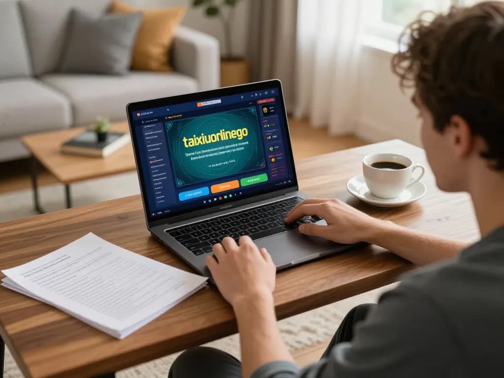 Player enjoying taixiuonlinego on a laptop in a cozy home environment, demonstrating responsible online gambling.