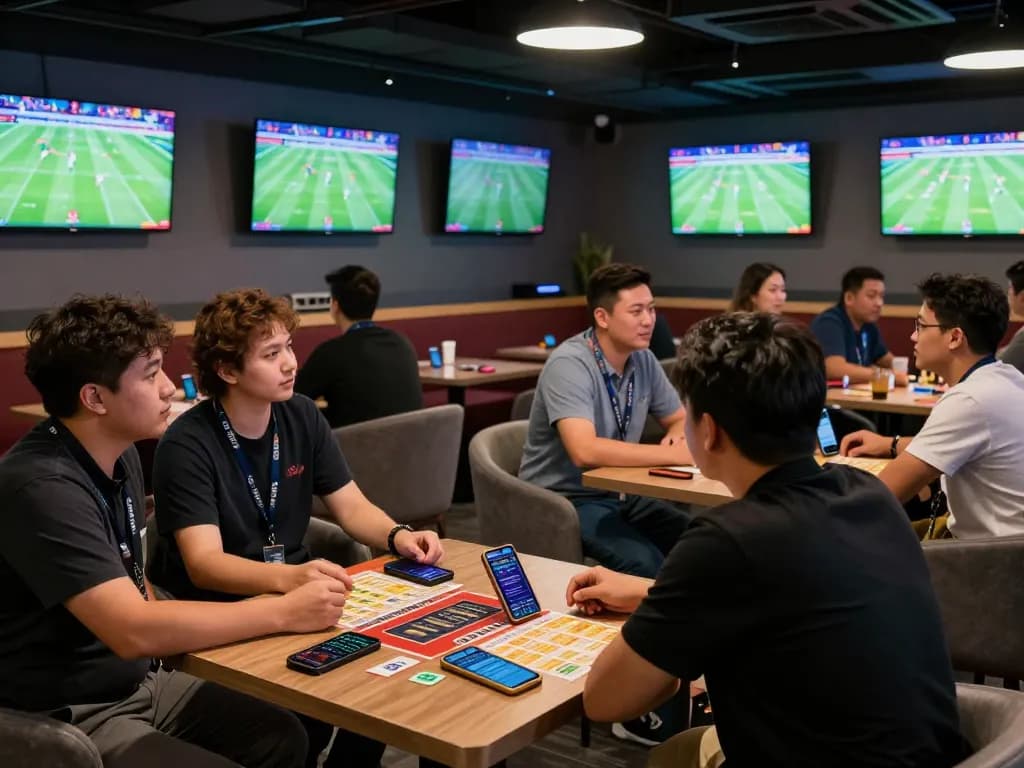 Fans analyzing odds at nhandinhkeonhacai sports betting lounge amidst live game excitement