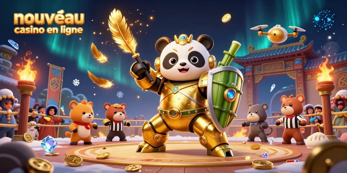 Vivez l'expérience du nouveau casino en ligne avec un panda guerrier et des jetons d'or dans une illustration dynamique.