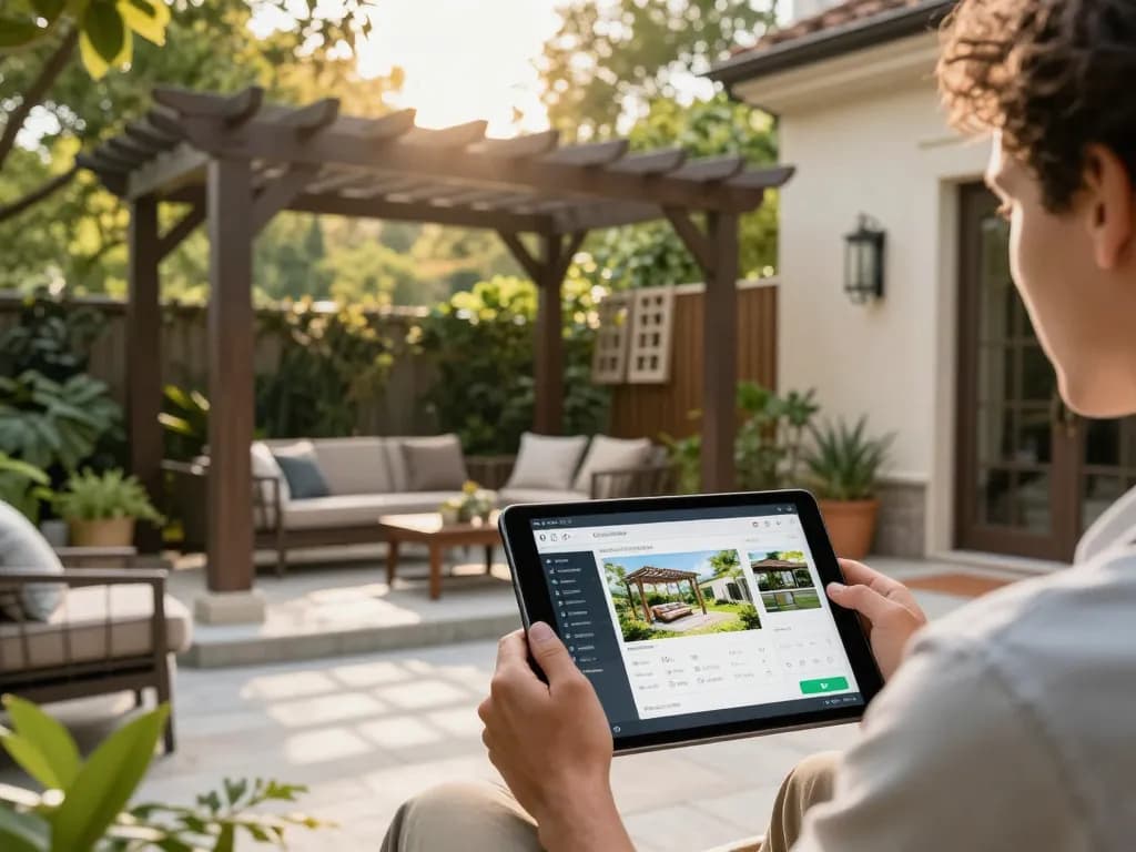 Custom pergola configurator software in action with a designer reviewing options in a beautiful garden.
