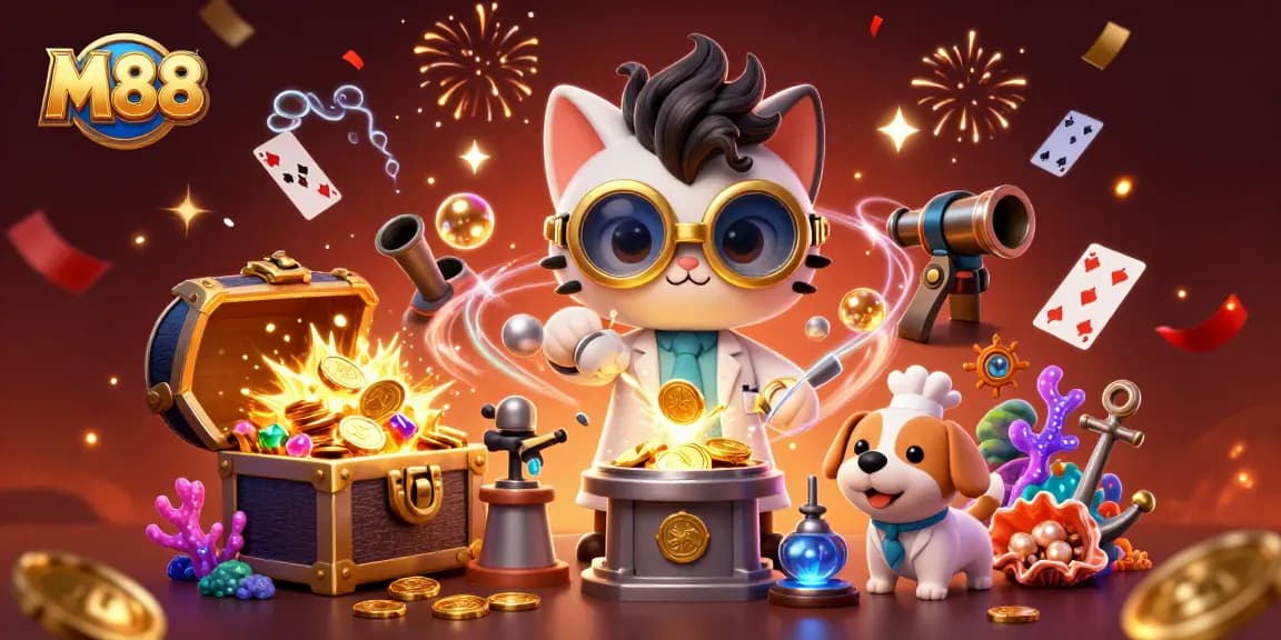 M88 illustrates an exciting casino atmosphere with a scientist and dog creating winning strategies for players