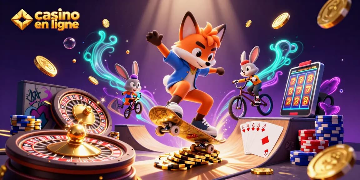 Vivez l'excitation des jeux dans un casino en ligne avec un renard skateboarder et un lapin BMX.