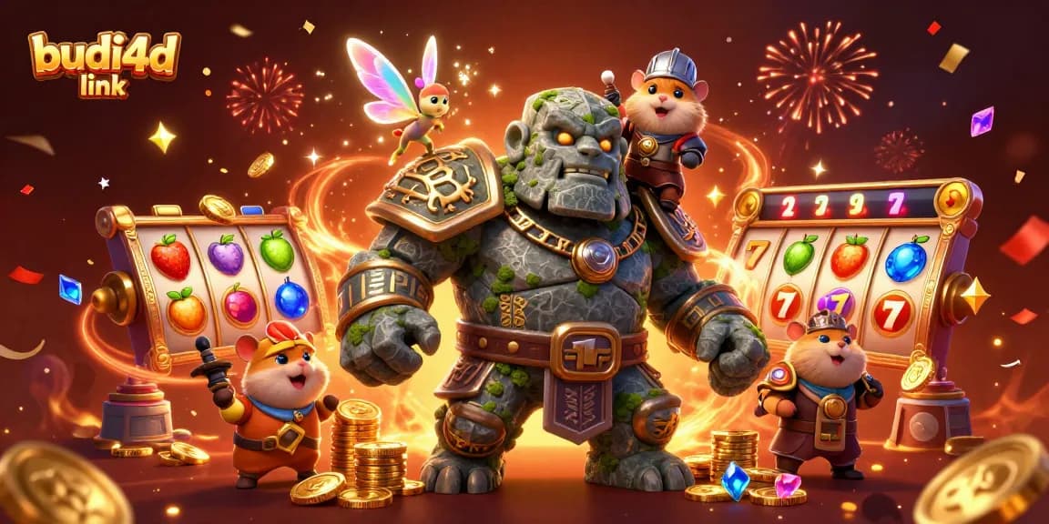 Experience the magic of BUDI4D link with a golem and fairy in a colorful casino world.