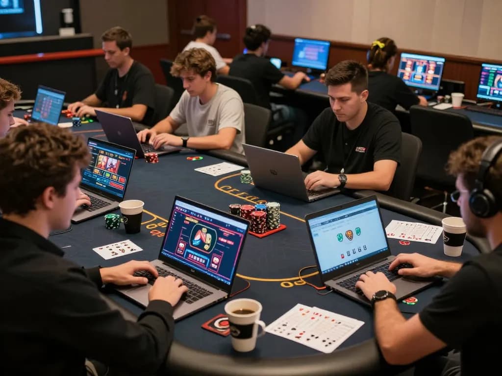 Players enjoying dynamic gameplay at hay88x online casino, showcasing laptops and strategy notes in a cozy setup.
