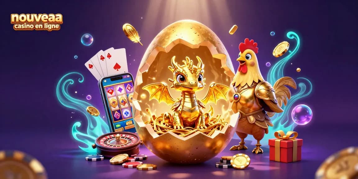 Illustration dynamique d'un nouveau casino en ligne avec un œuf d'or et un dragon, symbolisant l'innovation.