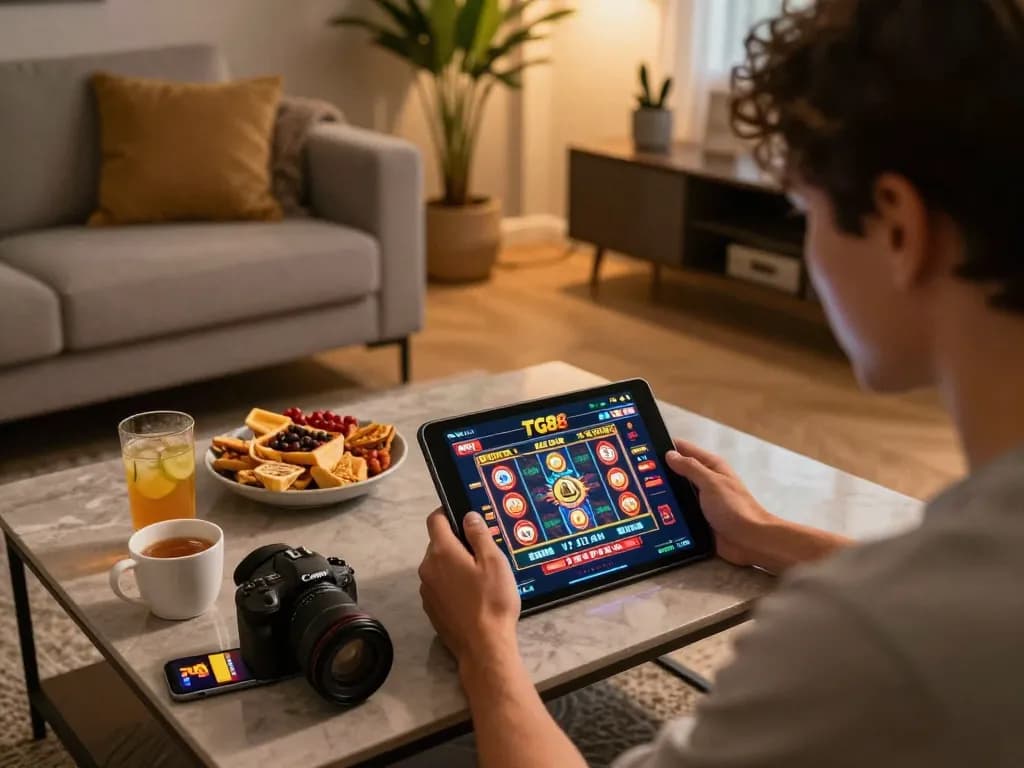 Engaging in a thrilling online experience with TG88 on a tablet in a cozy home setup.