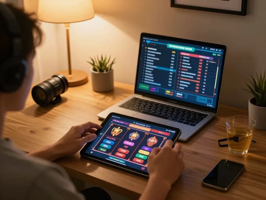 Momen menarik seorang pemain yang terlibat dalam permainan slot dasi4d di tablet, menampilkan pengaturan rumah yang nyaman.
