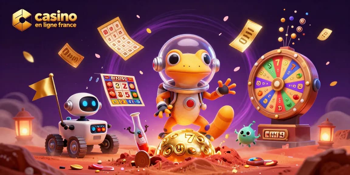 Jeux captivants sur casino en ligne France avec un lézard martien découvrant un casino doré au milieu de la scène.