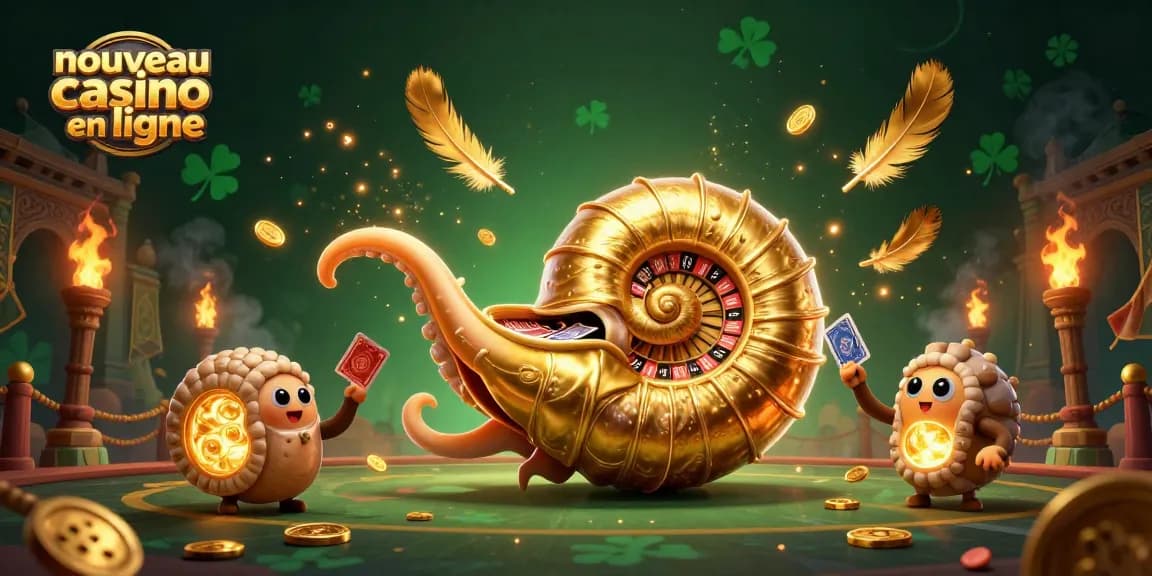 Participez au nouveau casino en ligne avec une illustration 3D captivante de nautilus et de jeux de cartes.