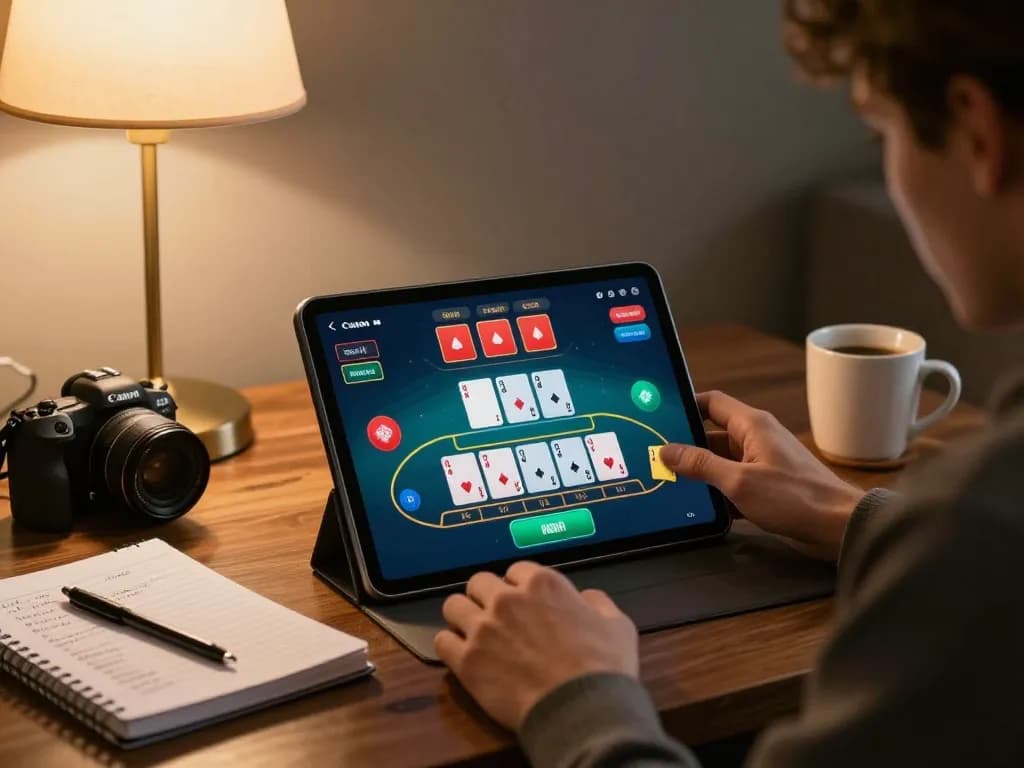 hb88 player engaged in live blackjack on a tablet in cozy home setting
