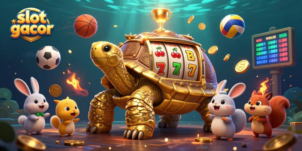 Experience thrilling wins at slot gacor with an exciting 3D casino illustration of a golden tortoise and playful animals.