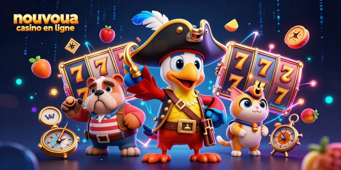 Découvrez le nouveau casino en ligne avec cette illustration dynamique de pirates et de machines à sous.