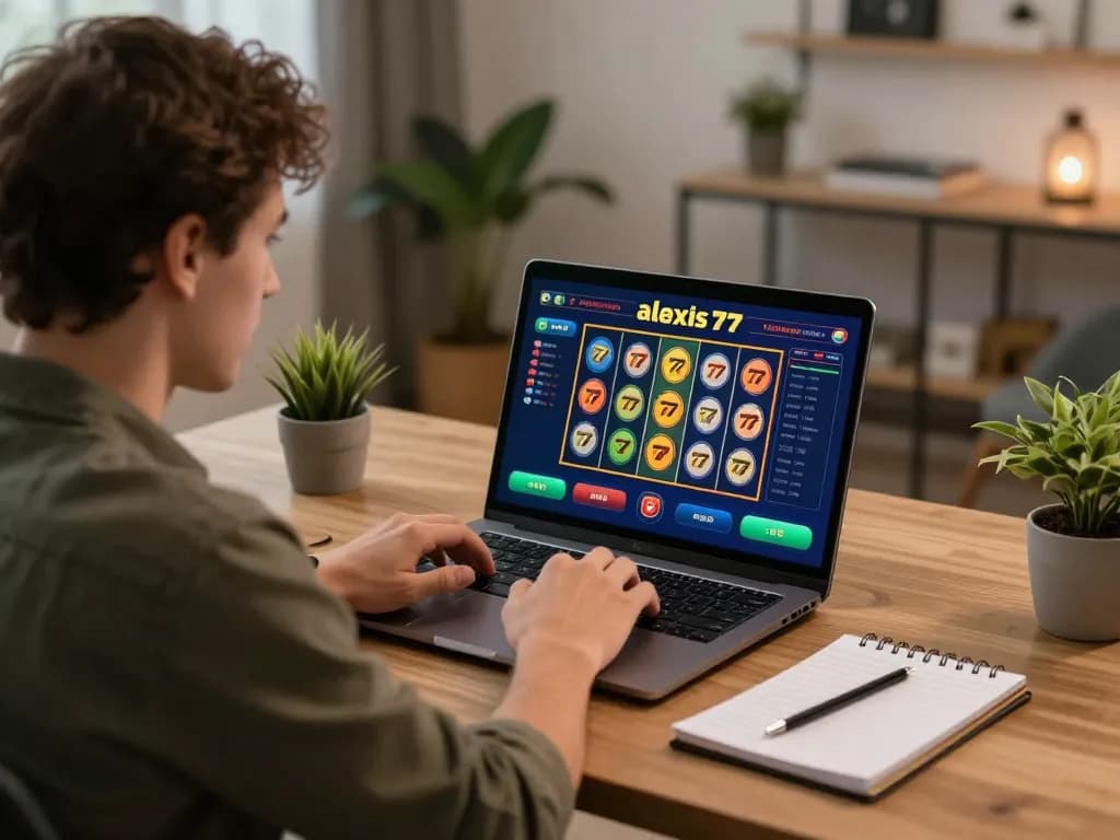 Engaging moment of player strategizing on alexis77 slot while using laptop and analyzing gameplay.