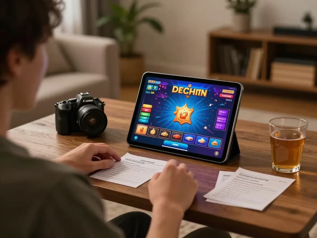 Engaging scene of yowesjp daftar with a player strategizing on a tablet, showcasing online casino gaming.