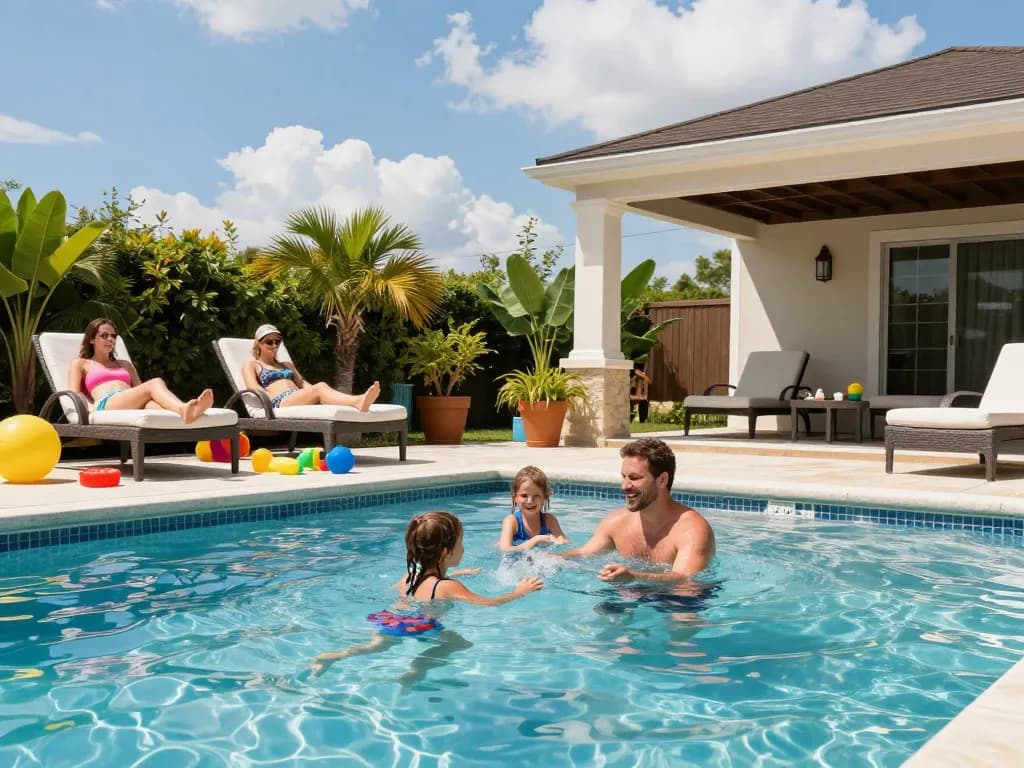 Dolphin Pool Services: Family enjoying pool time in Virginia, surrounded by tropical plants and toys.