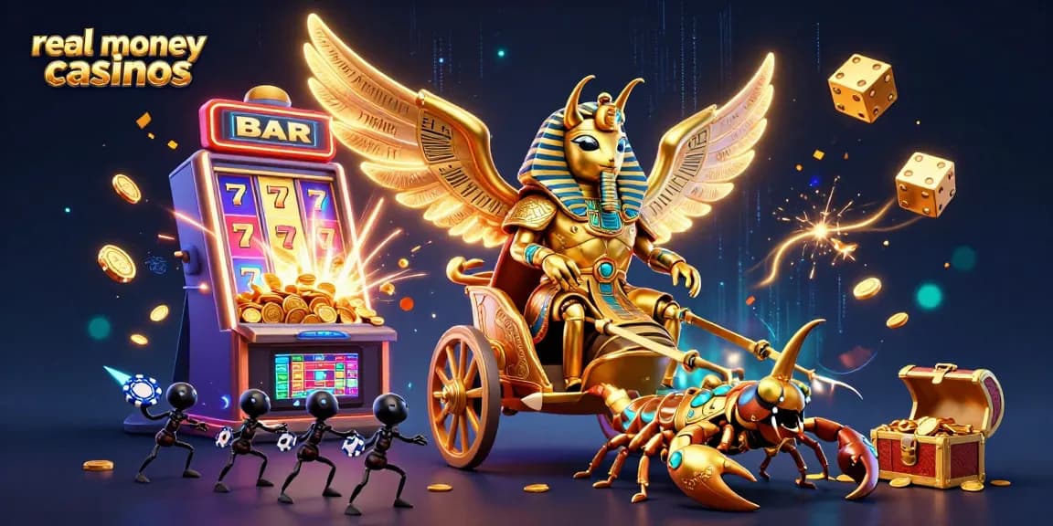 Experience excitement at real money casinos with a golden scarab beetle, slot machines, and vibrant tokens.