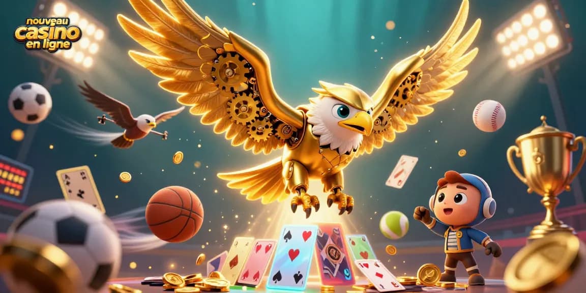 Explorez le nouveau casino en ligne avec cette illustration dynamique d'un aigle cybernétique au cœur de l'action des jeux de cartes.