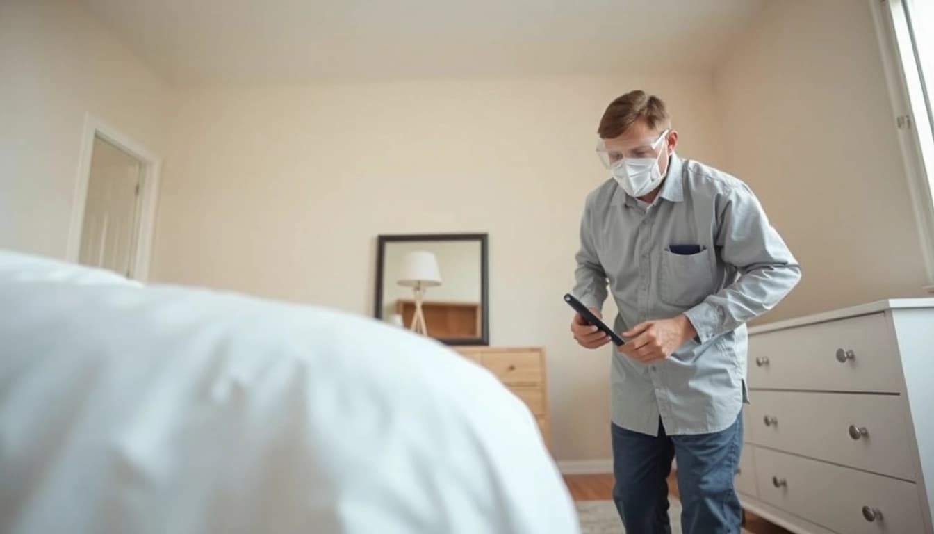 Effective bed bug removal by a technician inspecting a bedroom for signs of infestation.
