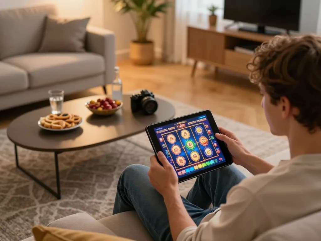 Engaging in casino europei online on a tablet in a cozy home environment, showcasing vibrant slot games.