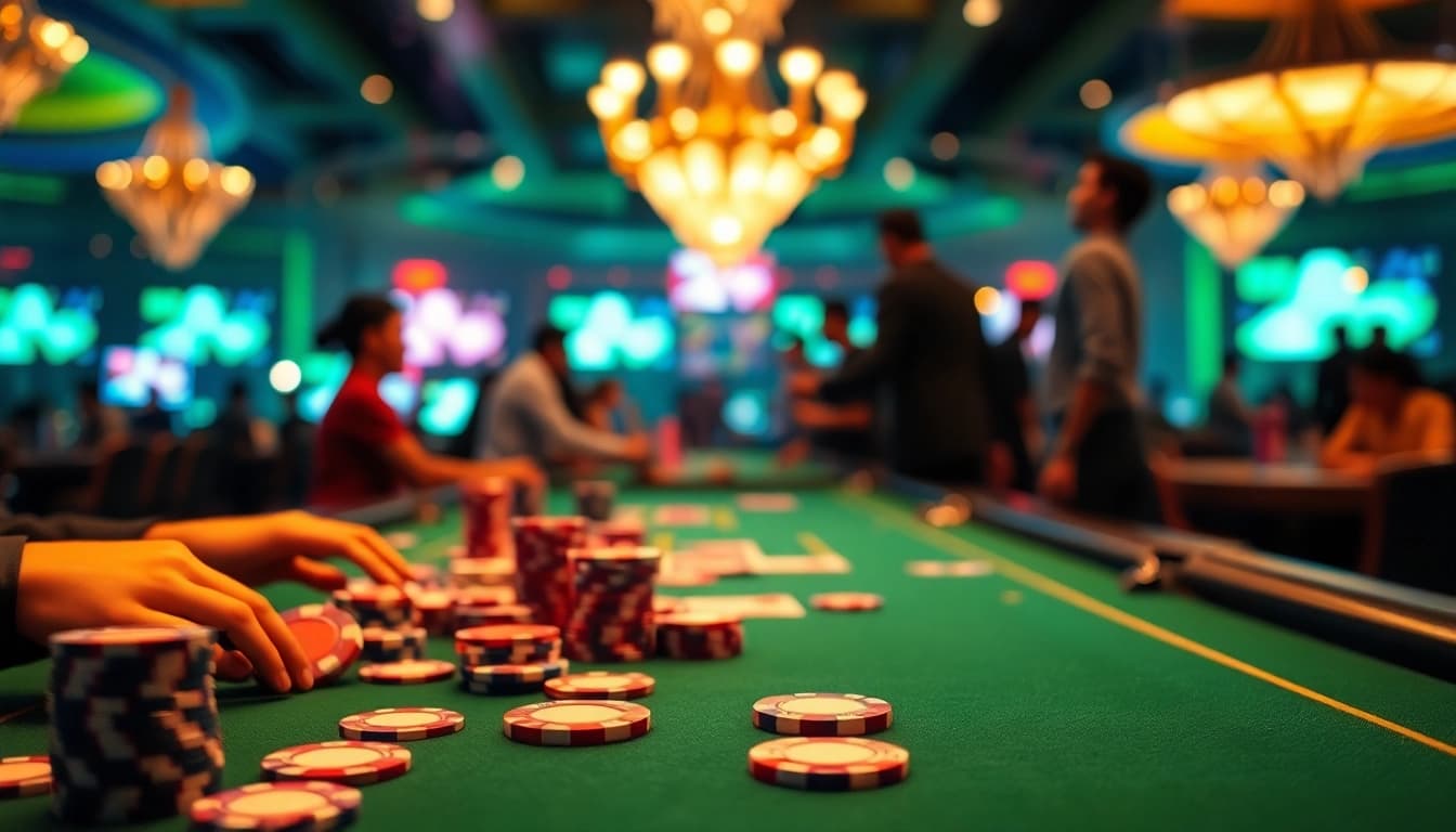 8win official vibrant casino gaming table filled with colorful chips and cards.