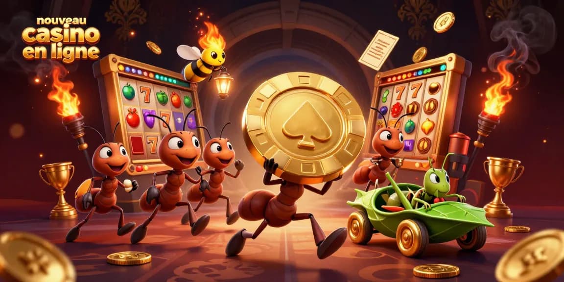 Profitez des expériences d'un nouveau casino en ligne avec une équipe d'insectes s'affairant à des jeux.