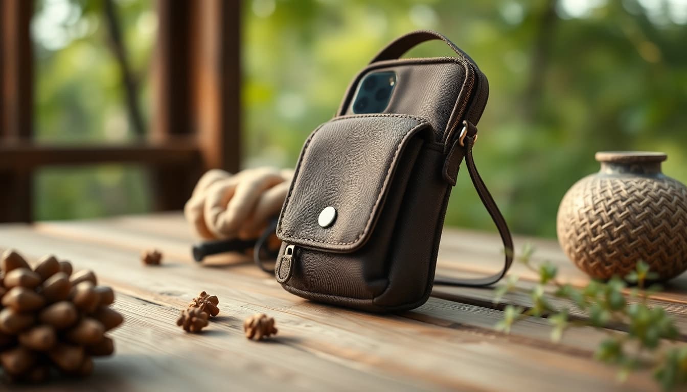 Praktische abschließbare Handytasche auf einem Holztisch, die Sicherheit und Stil vermittelt.
