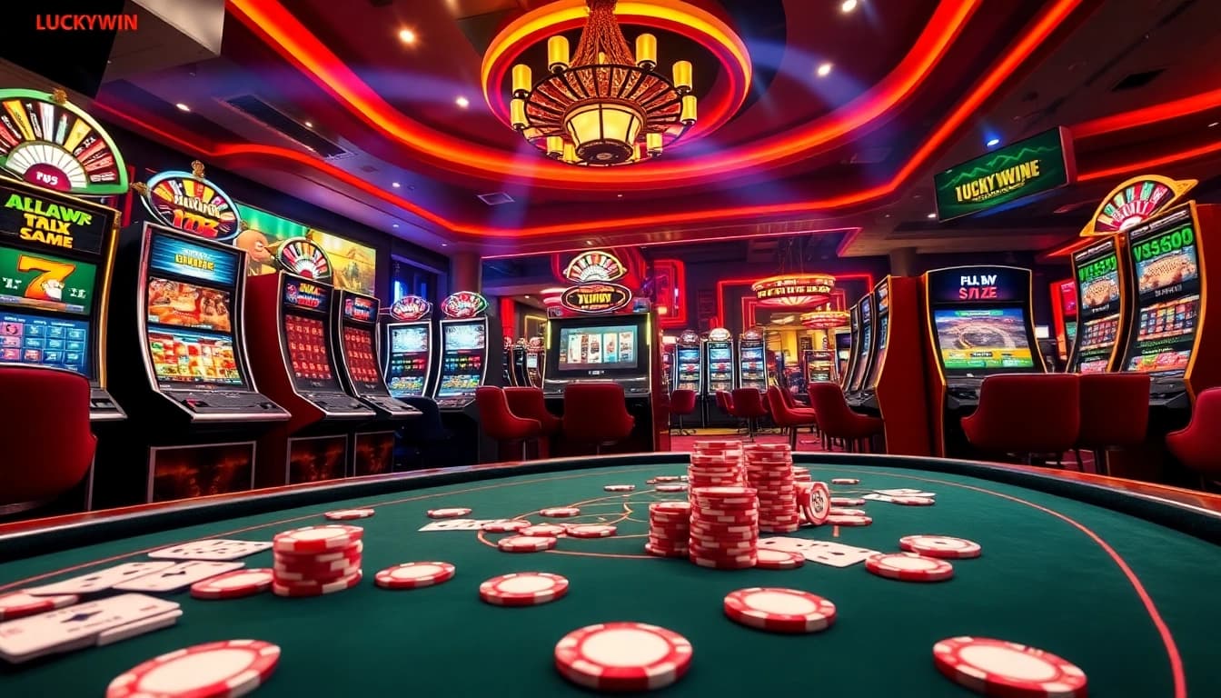 High-stakes gambling scene highlighting LUCKYWIN with vibrant tables and exciting slot machines.
